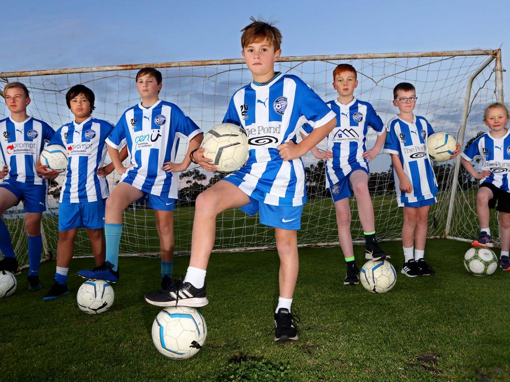 No date for kids return to competitive sport.
Barwon Soccer Club juniors Jarvis Petterson, Ash Romain, Lachie O'Neill,  Flynn Scargill, Cian Gibbons, Eoghan Gibbons and Aoife Gibbons.
picture: Glenn Ferguson