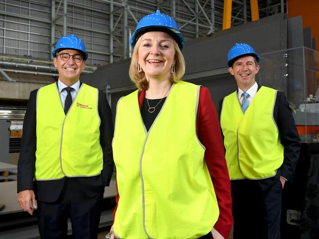 Then-UK Foreign Secretary Liz Truss tours the Osborne shipyard in Adelaide’s north-west with Simon Birmingham and Steven Marshall in January. Picture: Tricia Watkinson