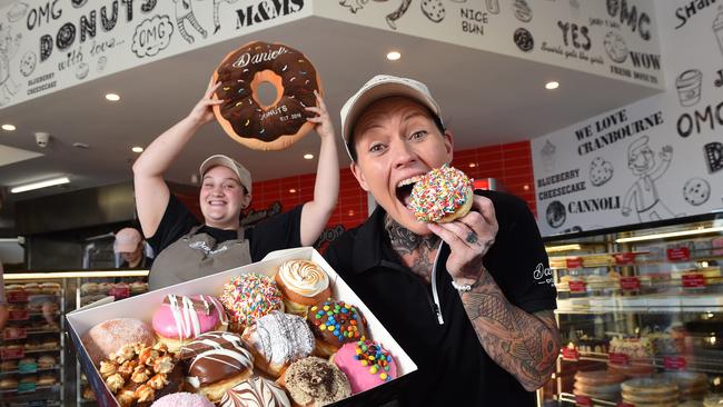 Daniel's Donuts staff (L-R) Kate Banfield and Bev Miller celebrate the opening of the new Cranbourne store . Picture: Josie Hayden