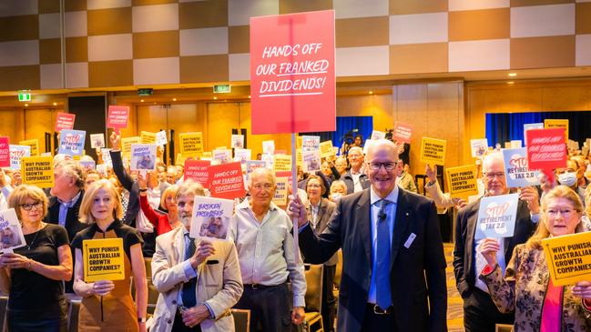 Geoff Wilson and Wilson Asset Management shareholders protest against the government's franking legislation. Picture: David Li,