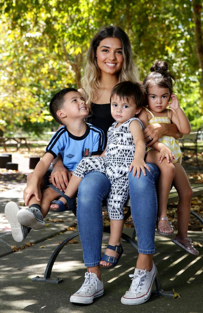 Brighton Le Sands mum-of-three Yasna Alania, 25, pays up to $600 a fortnight in childcare costs for her three children Zavier, 4, Adelina, 3, and Gabriel, 1.  Picture: Jonathan Ng