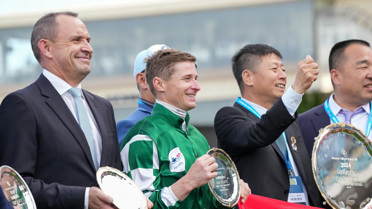 Trainer Chris Waller and jockey James McDonald with connections of Via Sistina following her Cox Plate demolition. Picture: George Sal / Racing Photos