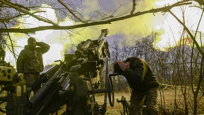 Ukrainian servicemen fire a M777 howitzer at Russian positions near Bakhmut, eastern Ukraine. Picture: AFP