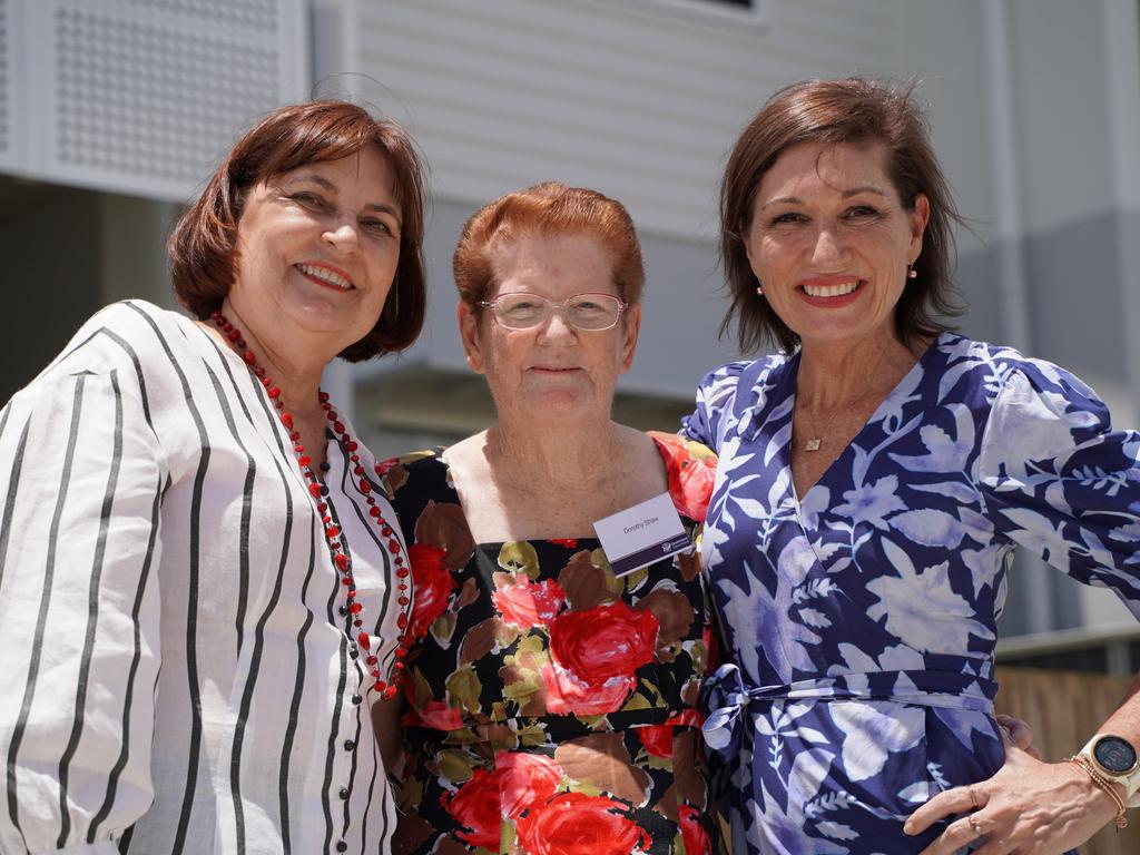 Member for Mackay Julieanne Gilbert, tenant Dorothy Shaw and Communities and Housing Minister Leeanne Enoch at the opening of the new Palmer St social housing complex named Mary Ann Sam in North Mackay, December 14, 2021. Picture: Lillian Watkins