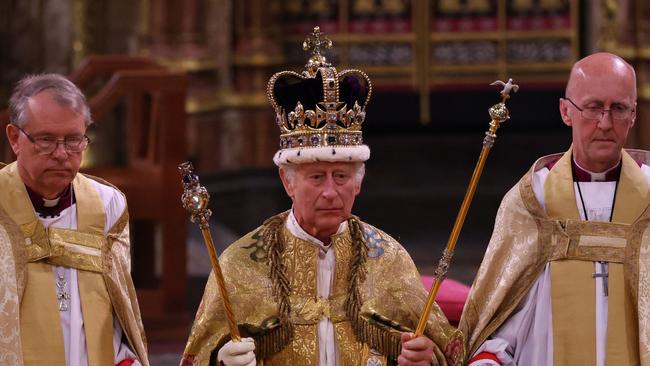 Charles III wears St Edward's Crown during the coronation ceremony inside Westminster Abbey. Picture: AFP