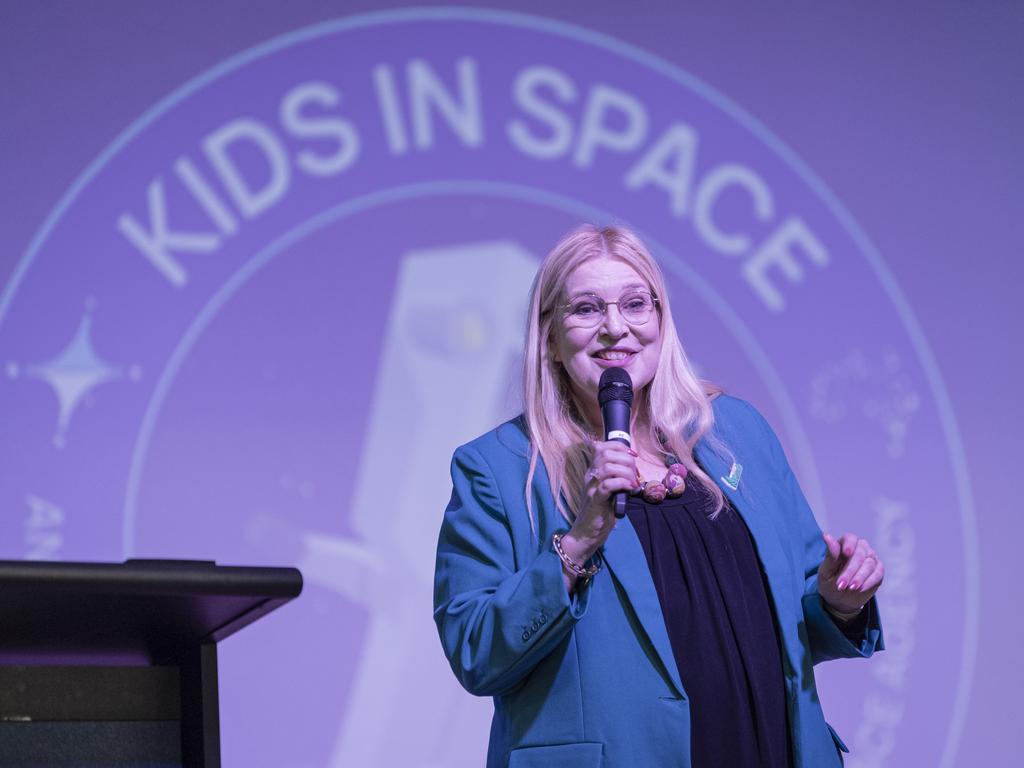 Makers Empire director of learning Mandi Dimitriadis speaking at the Kids in Space Queensland finals and showcase at Edmund Rice Cultural Centre St Mary's College, Friday, June 7, 2024. Picture: Kevin Farmer