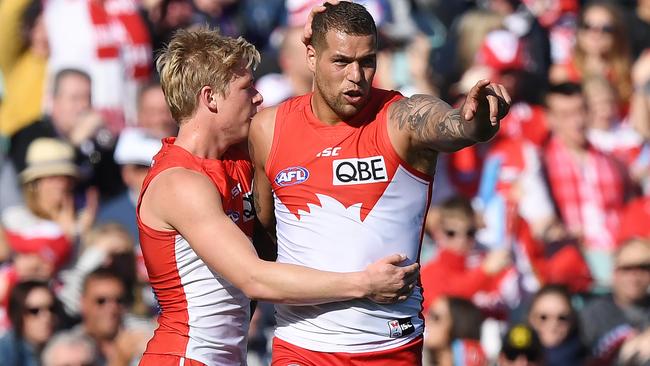 Lance Franklin and Isaac Heeney celebrate a goal against Fremantle.