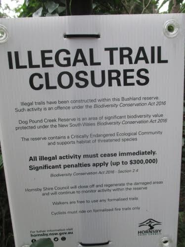 Hornsby Council sign on illegal trail closures