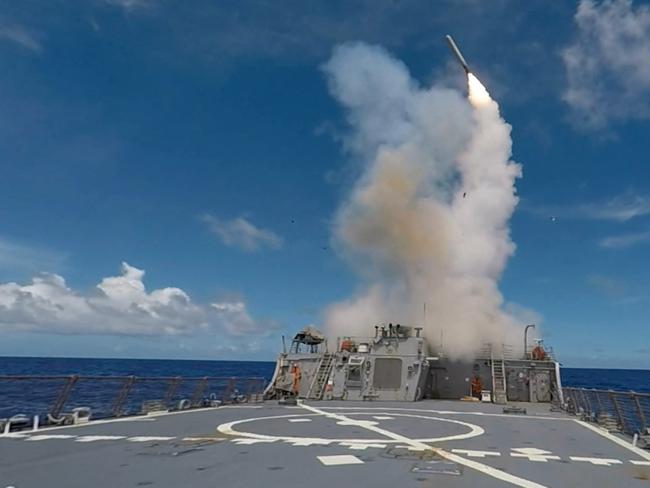 A Tomahawk missile is launched from a US guided-missile destroyer during an exercise in 2016. Picture: AFP