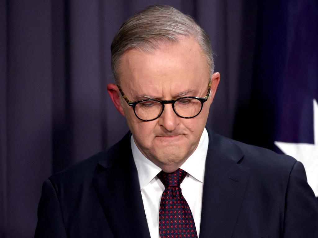 Prime Minister Anthony Albanese was visibly shaken speaking to the media at Parliament House in Canberra on October 14 after the Voice proposal was defeated in the referendum. Picture: David Gray/AFP