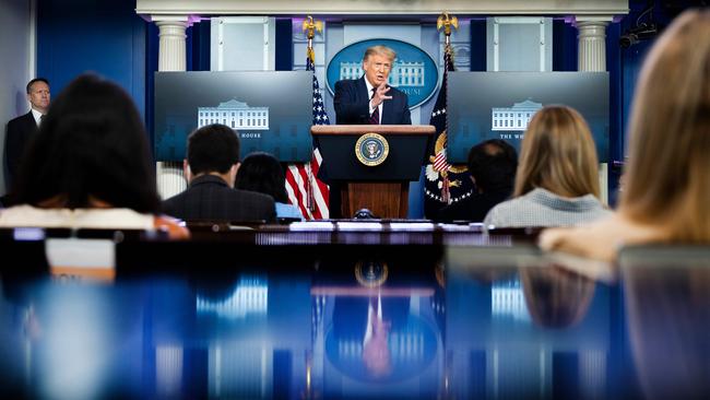 Donald Trump speaks during the renewed daily briefing. Picture: AFP.