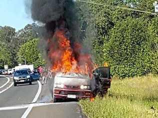 A lady was lucky to escape after her car burst into flames on the Bruce Hwy on Saturday.