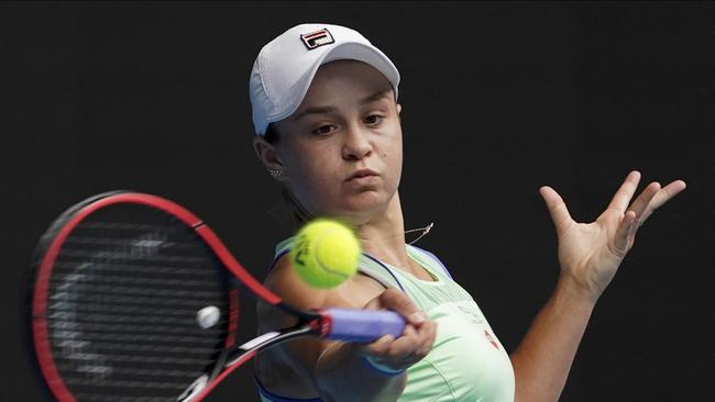 Australia's Ash Barty crushes a forehand return in her win over Kazakhstan's Elena Rybakina. Picture: AP