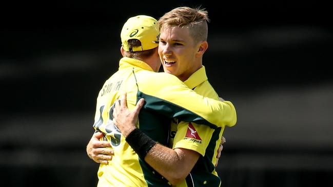 WELLINGTON, NEW ZEALAND - FEBRUARY 06: Adam Zampa (R) and Steve Smith (L) of Australia celebrate the wicket of Kane Williamson of New Zealand during game two of the one day international series between New Zealand and Australia at Westpac Stadium on February 6, 2016 in Wellington, New Zealand. (Photo by Martin Hunter/Getty Images)