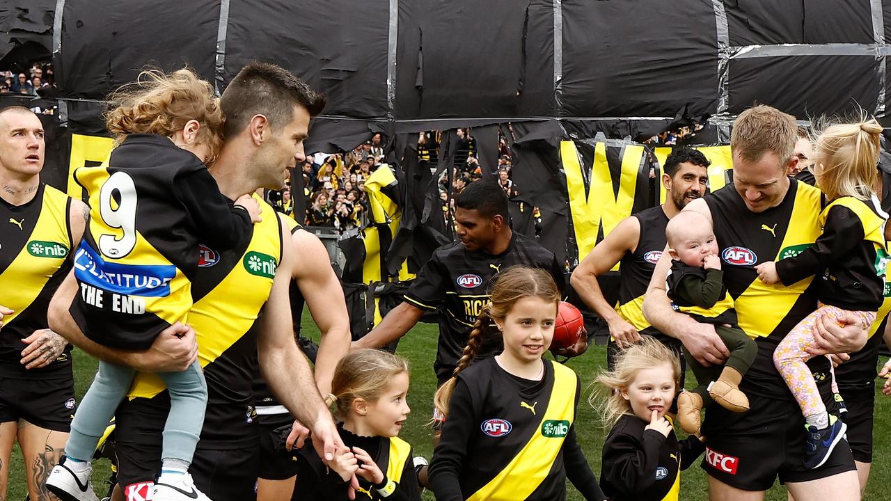 Trent Cotchin and Jack Riewoldt head out for their last game. Picture: Michael Willson/AFL Photos via Getty Images.