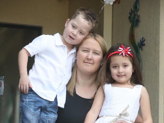 Cortney Fitzpatrick with her twins Hudson and Summer 5 now pregnant with twins has only had antenatal appointments with Mater hospital by phone no face to face .Pic Jamie Hanson