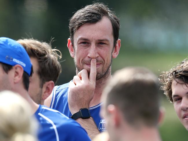 North Melbourne training.  Todd Goldstein listens in to whats going on  . Pic: Michael Klein