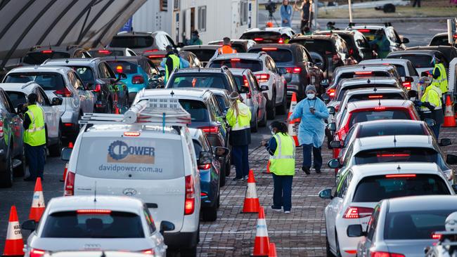 Long queues outside the Bondi Covid testing clinic on Thursday morning. Picture: Tim Pascoe