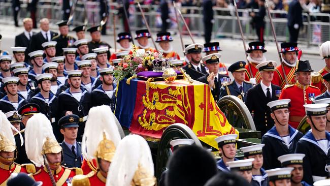 The Queen’s coffin is carried on a gun carriage after leaving Westminster Abbey on Monday. Picture: Getty Images