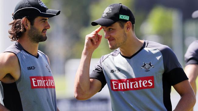 Collingwood training at Olympic Park.  Gotta use your head. Darcy Moore signals to Brodie Grundy  .  Pic : Michael Klein