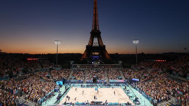 Eiffel Tower Stadium hosted the beach volleyball in Paris. (Photo by Alex Pantling/Getty Images)