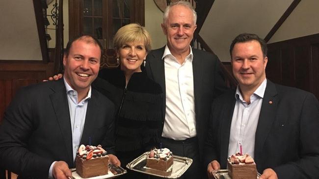 Foreign Minister Julie Bishop and Malcolm Turnbull celebrate her birthday with some cake.