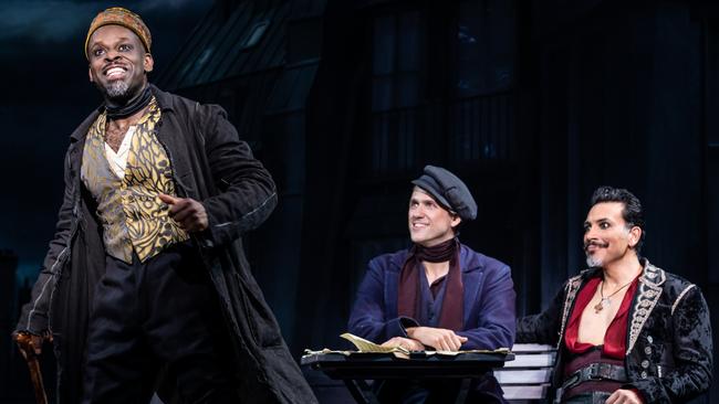 Sahr Ngaujah as Toulouse-Lautrec, Aaron Tveit as Christian and Ricky Rojas as Santiago in Moulin Rouge, which was staged in New York when COVID-19 hit.