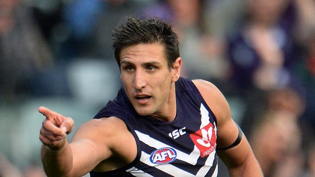 SPORT - AFL Round 14 Fremantle Dockers v Brisbane Lions, Domain Stadium, Perth. Photo by Daniel Wilkins. PICTURED - Fremantle's Matthew Pavlich celebrates a goal in the final term