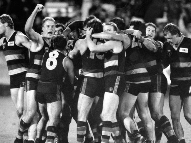 AFL football - Adelaide Crows vs Fitzroy match at Football Park. Adelaide players embrace Rod Jameson after he kicked the winning goal 09 Jun 1991. (Pic by staff photographer Chris Mangan) Picture: Advertiser Library