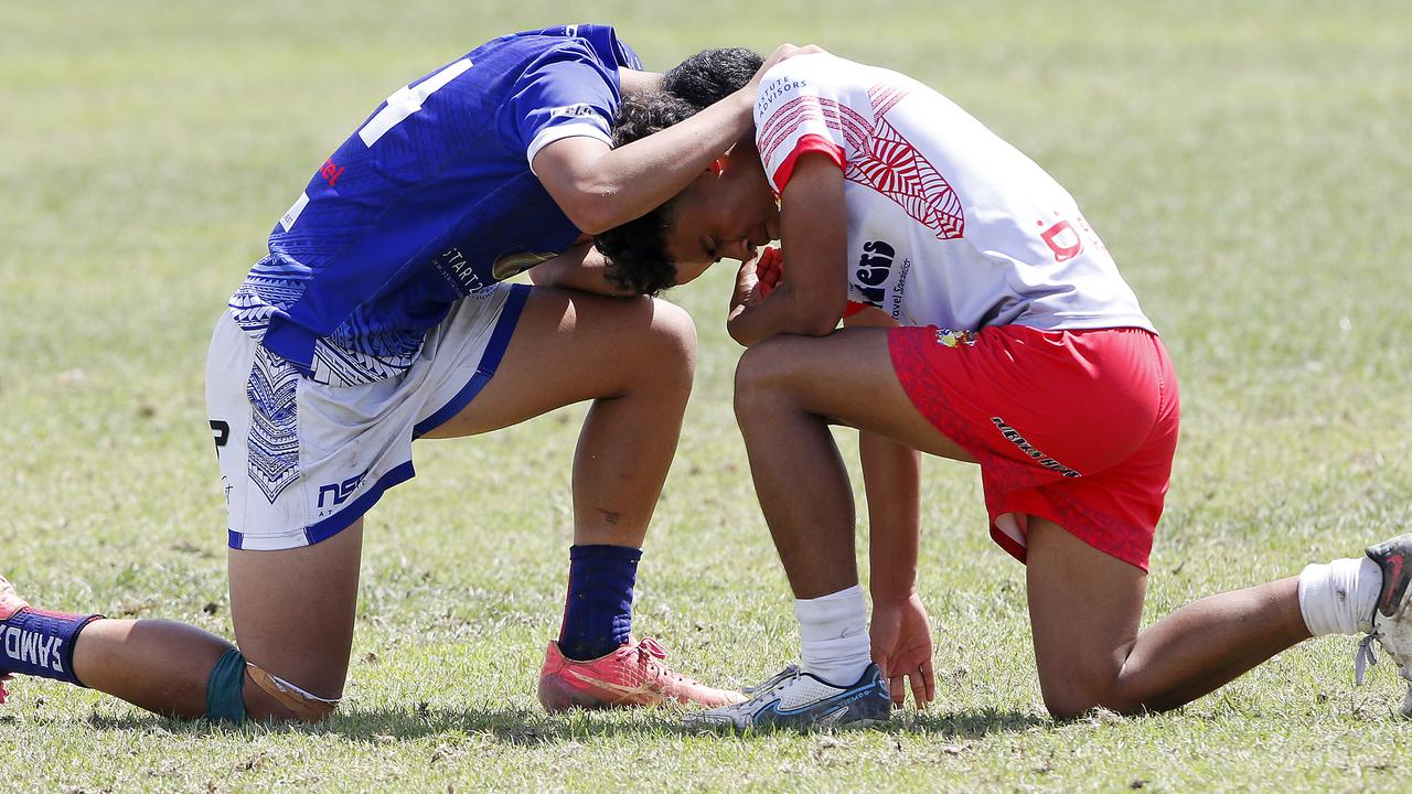 Mavrix Tauasa from NSW Samoa and Zane-Cheyze Latu at the end of the game.