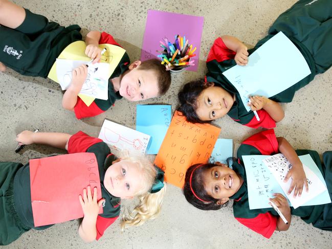 Clockwise bottom left, Isobel 4yrs, Thomas 4yrs, Ariah 4yrs, Zaira 4yrs, Murdoch University's Dr Anabela Malpique urged parents to pivot away from phones and to old school pencils and paper to boost memory, hand eye coordination and fine motor schools, St Paul's Bald Hills, Monday February 1st 2021 - Photo Steve Pohlner