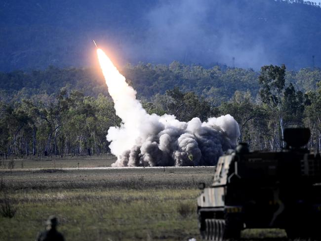 QUEENSLAND, AUSTRALIA - NewsWire Photos July 22, 2023: The High Mobility Artillery Rocket System (HIMARS) is fired by the US Army during Exercise Talisman Sabre 2023 in Shoalwater Bay training area . The live fire display is a combined exercise capabilities from Australia, the US, Japan, South Korea, Germany, France and New Zealand.Picture: NCA NewsWire / Jeremy Piper