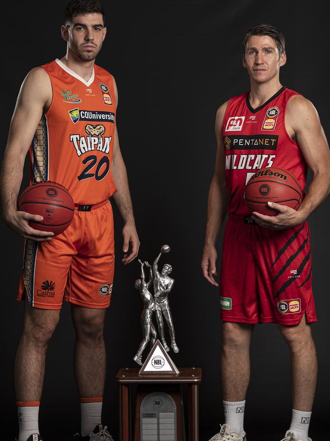 MELBOURNE, AUSTRALIA – FEBRUARY 17: Fabijan Krslovic of the Taipans (L) and Damian Martin of the Wildcats pose during the 2020 NBL Finals Launch at Crown Palladium on February 17, 2020 in Melbourne, Australia. (Photo by Daniel Pockett/Getty Images)