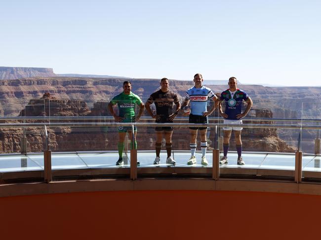 The Raiders’ Jamal Fogarty, Panthers’ Scott Sorensen, Sharks’ Billy Burns and Warriors’ Jackson Ford at the Grand Canyon West Skywalk. Picture: Jonathan Ng