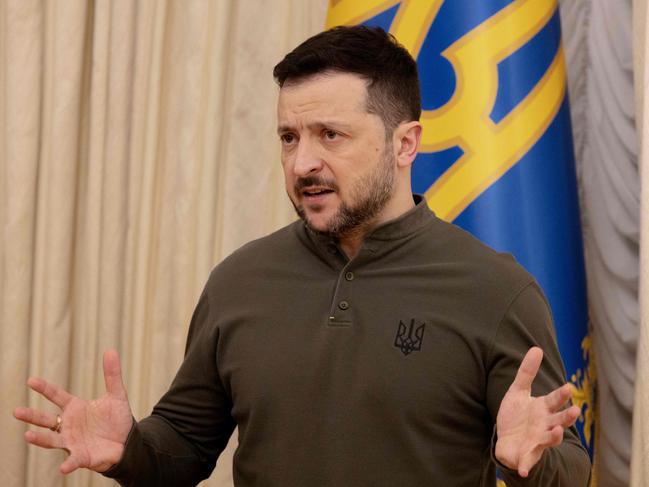 Ukraine's President Volodymyr Zelensky speaks during a joint press conference with the President of the European Investment Bank (EIB) in Kyiv on February 10, 2025, amid the Russian invasion of Ukraine. (Photo by Tetiana DZHAFAROVA / AFP)