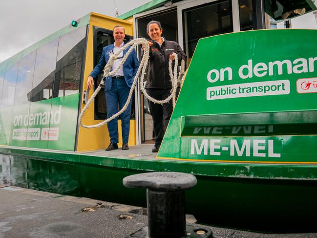 Greens state Balmain MP Jamie Parker with the new on-demand ferry serving the bays precinct in Sydney. Picture: Tom Dunn