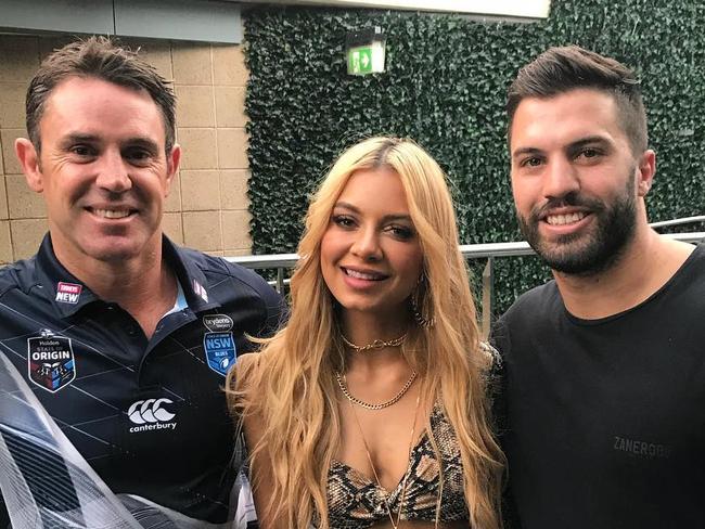 NSW coach Brad Fittler, DJ Havana and James Tedesco at the Blues' 2018 jersey launch.