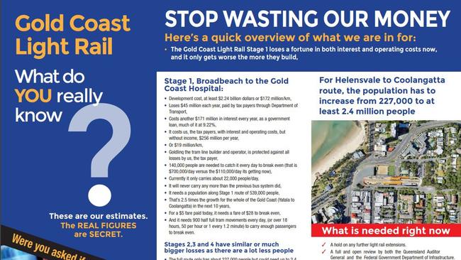 Light Rail pamphlets distributed by the Burleigh and Palm Beach action group. PHOTO: Contributed.