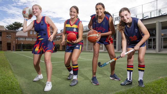 Clementine Hambour, 14, Sophie Scaffidi, 15, Jada Crawshaw, 14, and Eleanor Arthur, 14, at St Catherine’s School, Waverley. Picture: Justin Lloyd