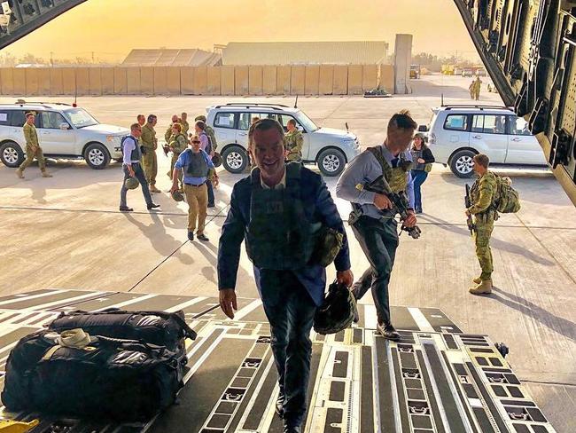 Defence minister Christopher Pyne departs the Taji defence base in Iraq. Picture: Defence Media