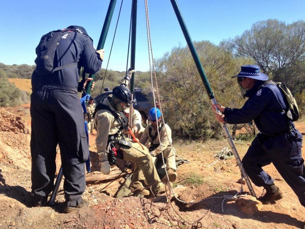 Police descend down the mine shaft where Raymond Kehlet was found. Picture: Twitter/Rebecca Johns, Nine News Perth