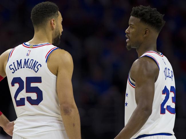 PHILADELPHIA, PA - MAY 02: Ben Simmons #25 of the Philadelphia 76ers talks to Jimmy Butler #23 against the Toronto Raptors in Game Three of the Eastern Conference Semifinals at the Wells Fargo Center on May 2, 2019 in Philadelphia, Pennsylvania. The 76ers defeated the Raptors 116-95. NOTE TO USER: User expressly acknowledges and agrees that, by downloading and or using this photograph, User is consenting to the terms and conditions of the Getty Images License Agreement. (Photo by Mitchell Leff/Getty Images)