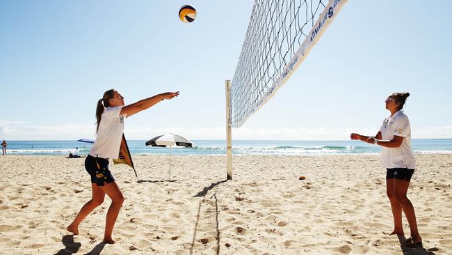 Locals Nicole Laird and Mariafe Artacho del Solar, who are hoping to qualify later this year to represent Australia in Beach Volleyball at the Rio Olympics. Picture: Braden Fastier.