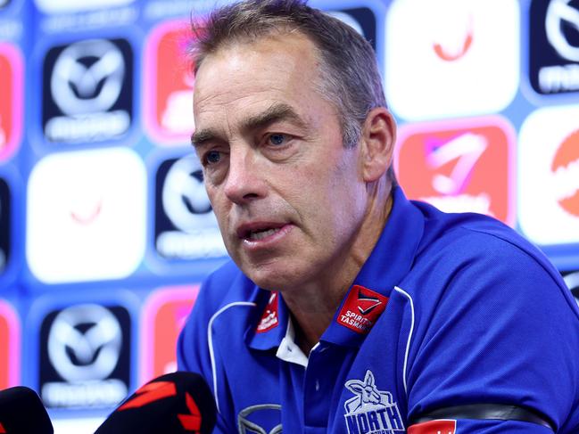 MELBOURNE, AUSTRALIA - APRIL 18: Alastair Clarkson, Senior Coach of the Kangaroos speaks during a press conference following the round six AFL match between North Melbourne Kangaroos and Carlton Blues at Marvel Stadium, on April 18, 2025, in Melbourne, Australia. (Photo by Josh Chadwick/AFL Photos/via Getty Images)