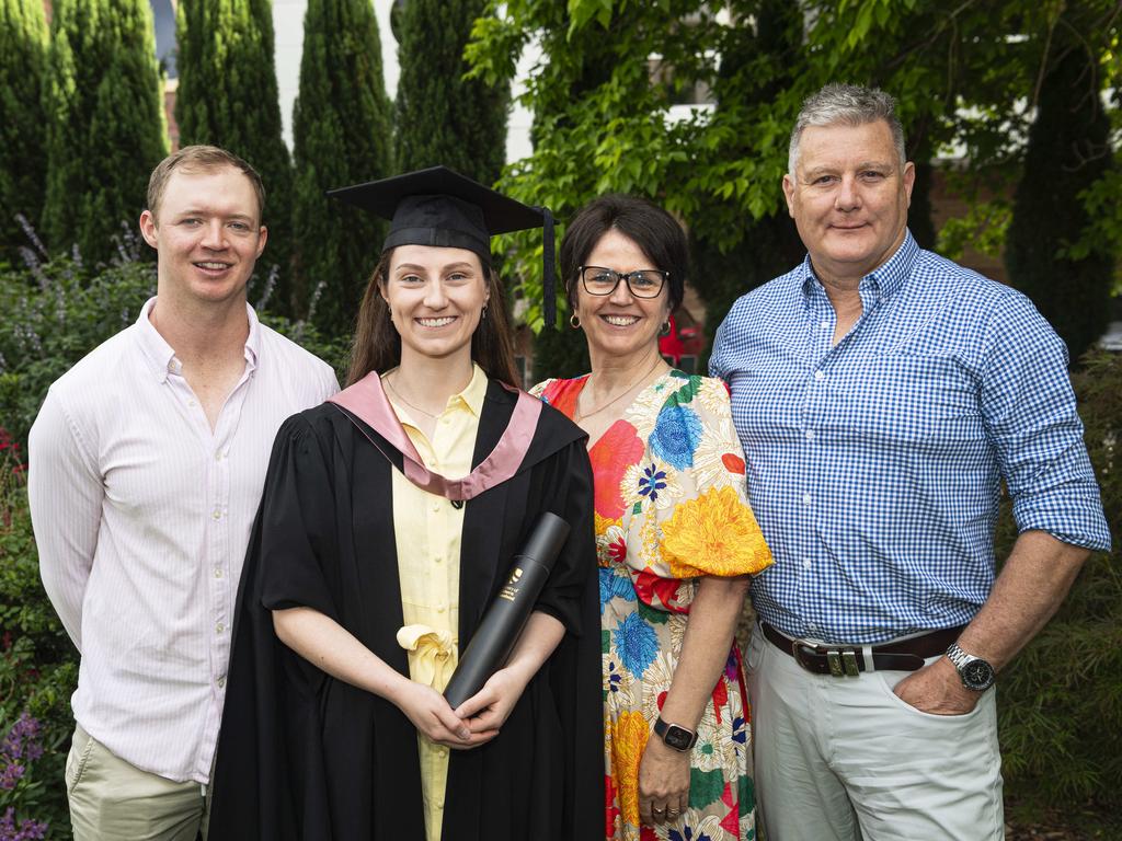 Master of Learning and Teaching (Secondary) graduate Olivia Beard with partner Tim Meyers and parents Pauline and Grant Beard at a UniSQ graduation ceremony at The Empire, Wednesday, October 30, 2024. Picture: Kevin Farmer