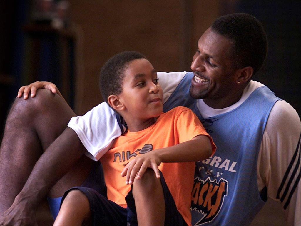 Bruce Bolden, then with the West Sydney Razorbacks, with son Jonah in 2002. Picture: Phil Hillyard.