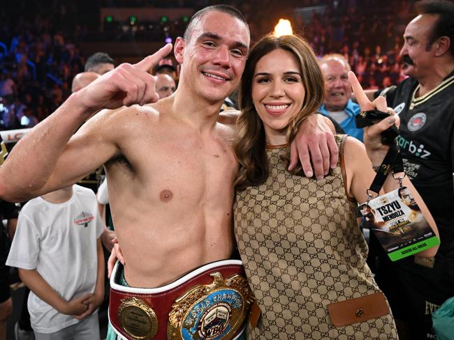 Boxer Tim Tszyu with partner Alexandra Constantine after he defeated Brian Mendoza on the Gold Coast. Photo - No Limit Boxing