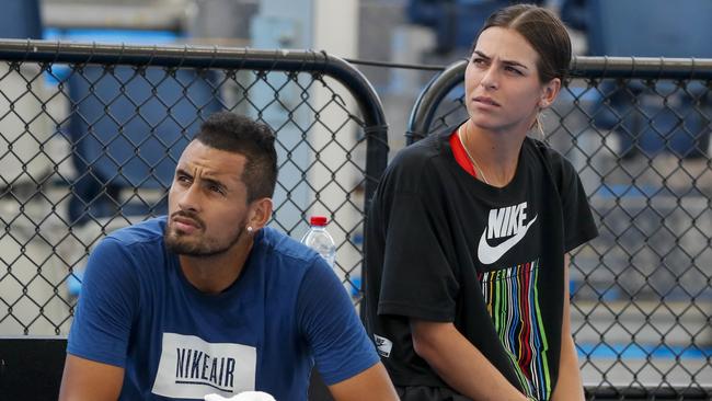 Nick Kyrgios and then-girlfriend Ajla Tomljanovic during a practice session in 2017, ahead of the Brisbane International. Picture: AAP Image/Glenn Hunt