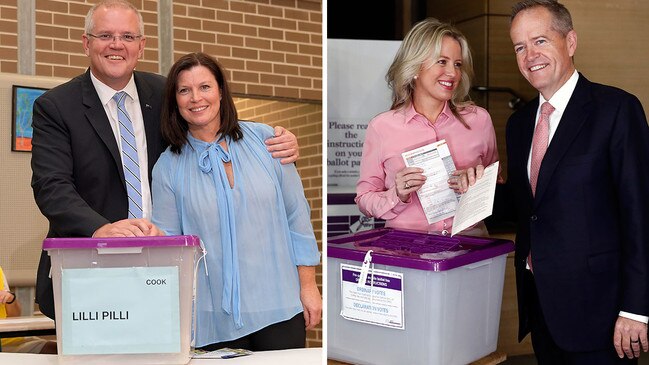 Prime Minister Scott Morrison and wife Jenny cast their vote in Sydney, Opposition Leader Bill Shorten and his wife Chloe voting in Melbourne earlier today. Picture: Getty Images