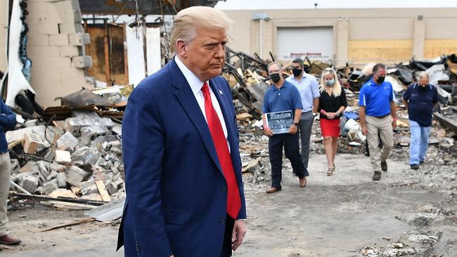 US President Donald Trump tours an area affected by civil unrest in Kenosha, Wisconsin. Picture: AFP